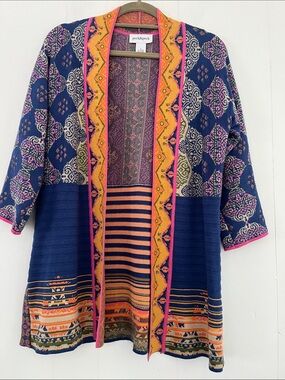 Peck & Peck Boho Royal Blue Mustard Yellow Pink Floral Open Cardigan Size Small